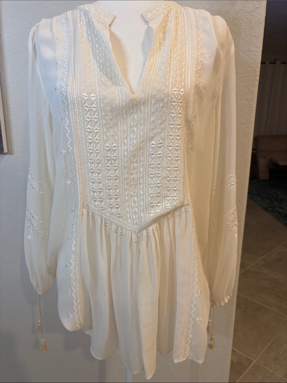Calypso St. Barth Cream Embroidered Boho Peasant Top
